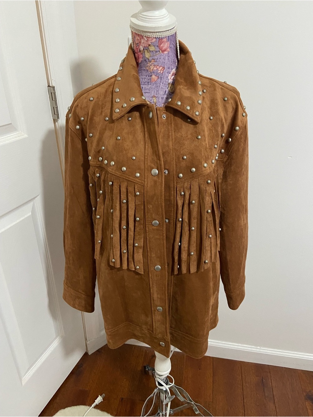 Blank NYC faux suede brown fringe studded jacket small NWT